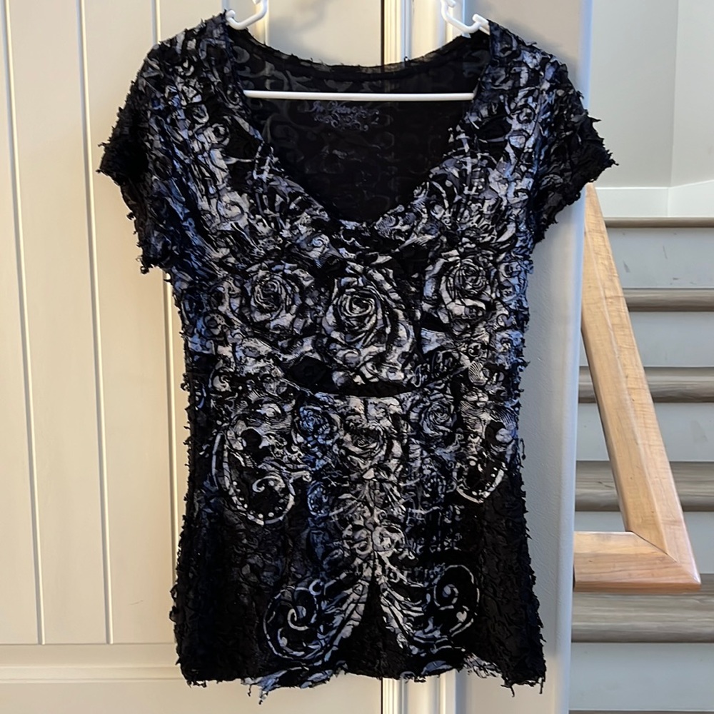 Womans texture black floral design blouse shirt